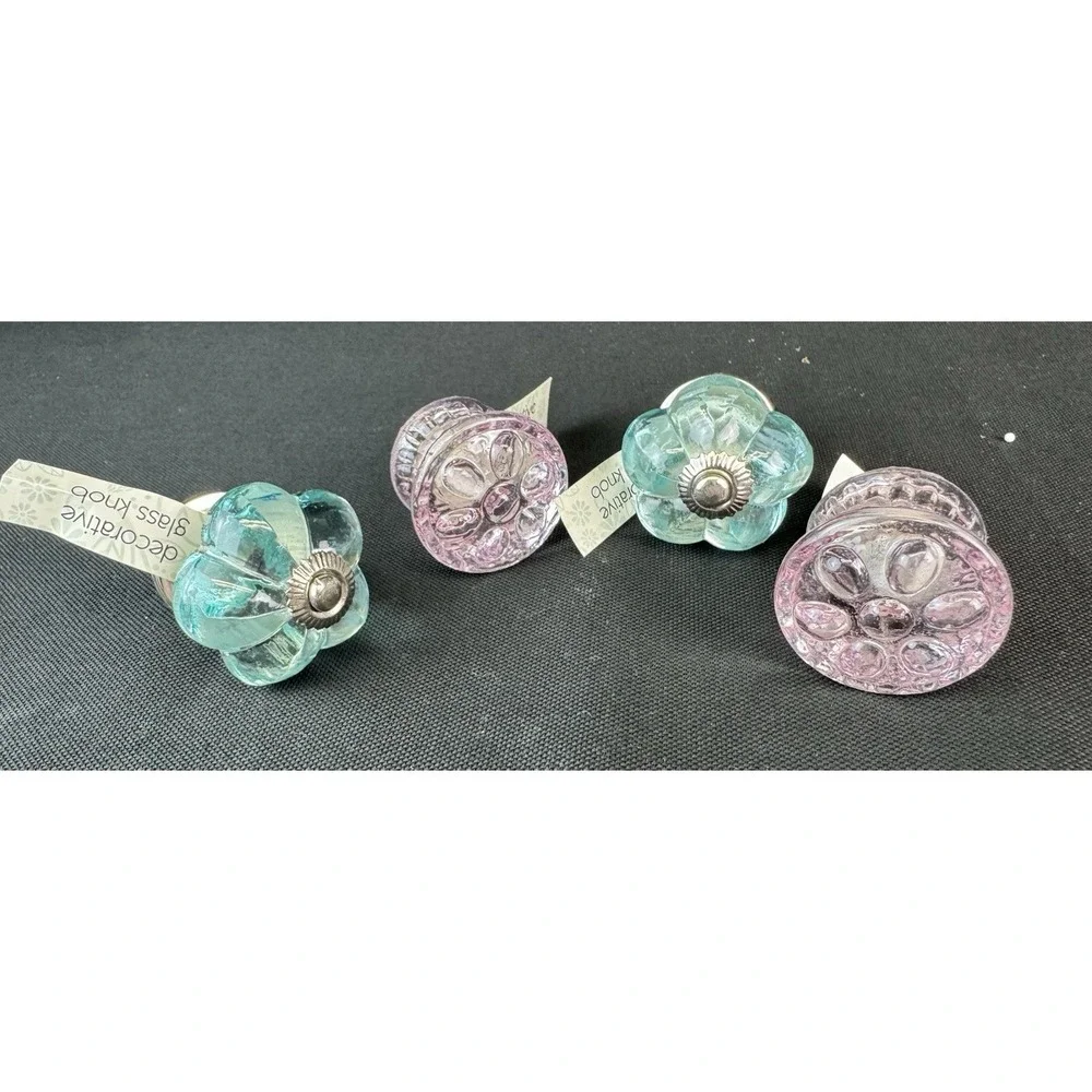 NWT Glass Drawer Pulls Clear Light Pink & Blue Dresser Kitchen Lot Of 4